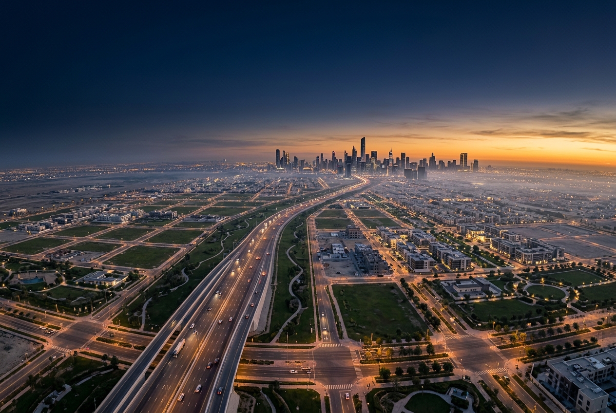 Illustrative aerial view of a planned smart city at dusk — the vision of Dholera Smart City, Gujarat